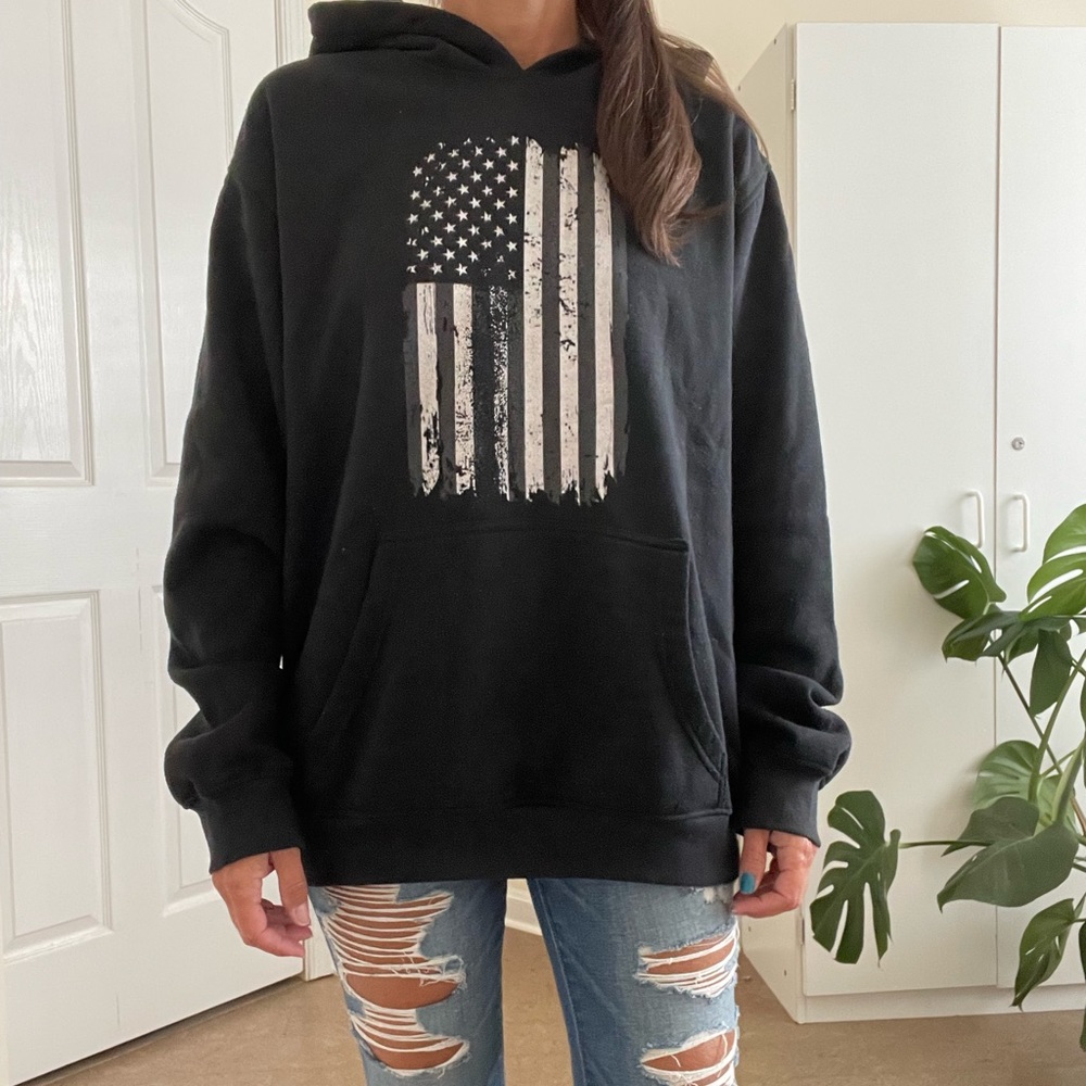 Black American flag hoodie.